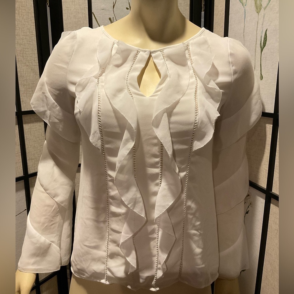 White House Black Market Ruffle Trimmed Blouse with Trumpet Sleeves Size 0